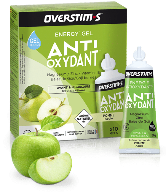 Emballage du malto antioxydant de la marque overstims avec une pomme